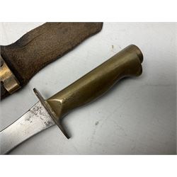 Scratch-built fighting/throwing knife, probably trench art, with 18cm steel spear type blade, plain cross-piece and French Lebel Rifle bayonet grip; in bras mounted studded leather sheath with belt hanger L29.5cm overall