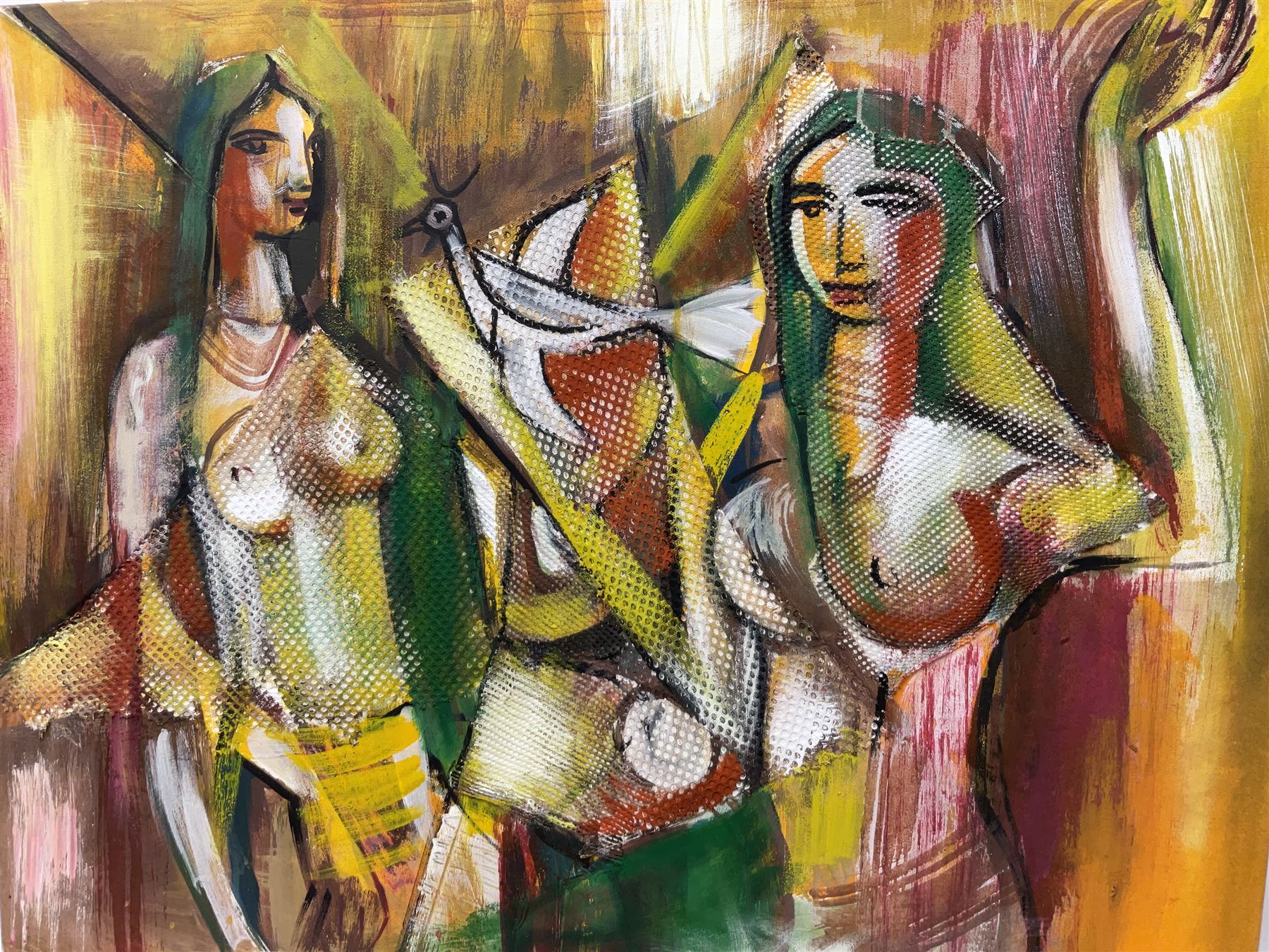 Francis Perera (Sri Lankan 1931-): 'Divided Love', oil on canvas signed, titled verso 73cm x 86cm (unframed)
Notes: Perera a noted Sri Lankan artist has had many solo exhibitions both in his home country and overseas. He is a six time winner of the Presidential Award, represented Sri Lanka in Washington DC to commemorate the 50th anniversary of its independence, exhibited at the Royal Commonwealth Society in 2002, and at the 20th International Art Festival in Germany.