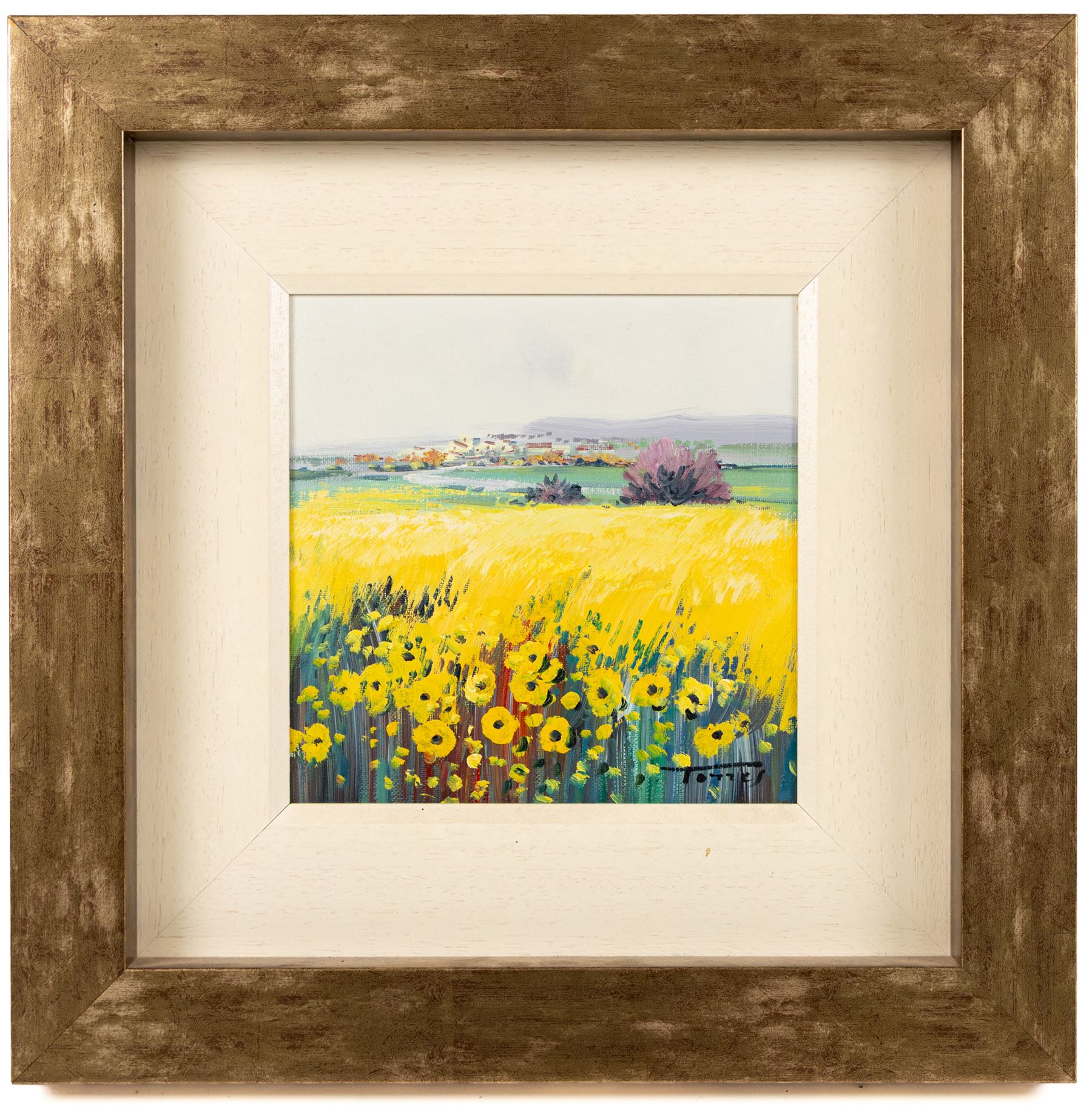 Miguel Torres (Spanish 1948-): Field of Sunflowers and Field of Blue Flowers, two oils on canvas signed 20.5cm x 20.5cm and 12.5cm x 28cm (2)