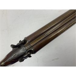 Early 19th century Tursfield of Birmingham 10-bore double barrel side-by-side shotgun, c1840s, with back action percussion locks, 76cm browned curly stub twist damascus barrels, ramrod under with worm screw, walnut stock with chequered grip and fore-end and steel furniture L120..5cm overall