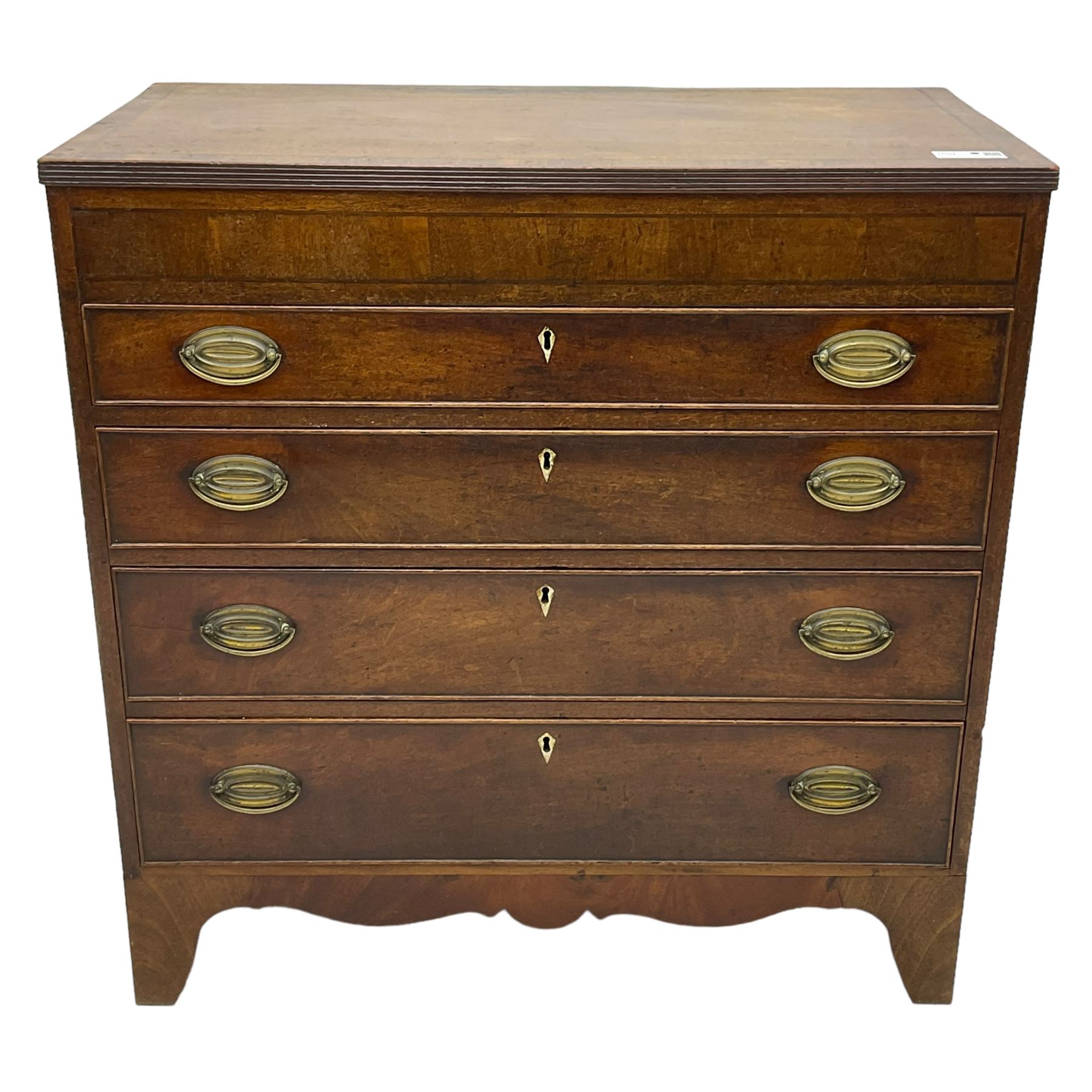 George III mahogany chest, rectangular crossbanded top over four long cock-beaded drawers with bone lozenge escutcheons and oval pressed brass handle plates, on bracket feet