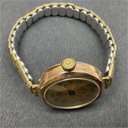 9ct gold jewellery, including rose gold cased ladies wristwatch on gilt stretch strap, pair of small hoop earrings and three other odd hoop earrings