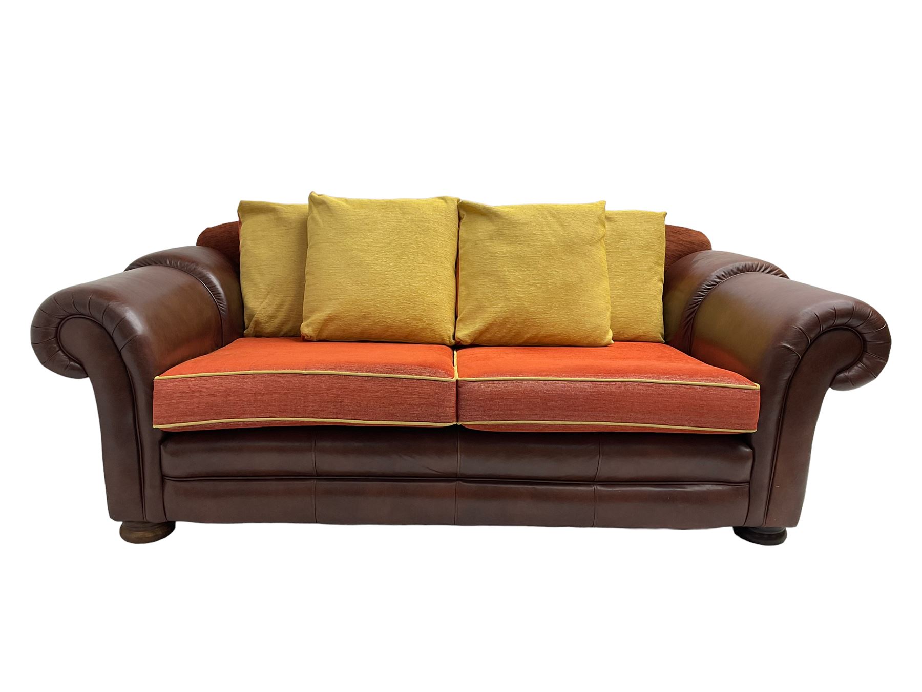 Gainsborough Lounge Suites - three piece leather and fabric lounge suite - pair two seat sofas (W225cm, H82cm, D105cm), and matching armchair (W88cm), on turned front feet with scatter cushions