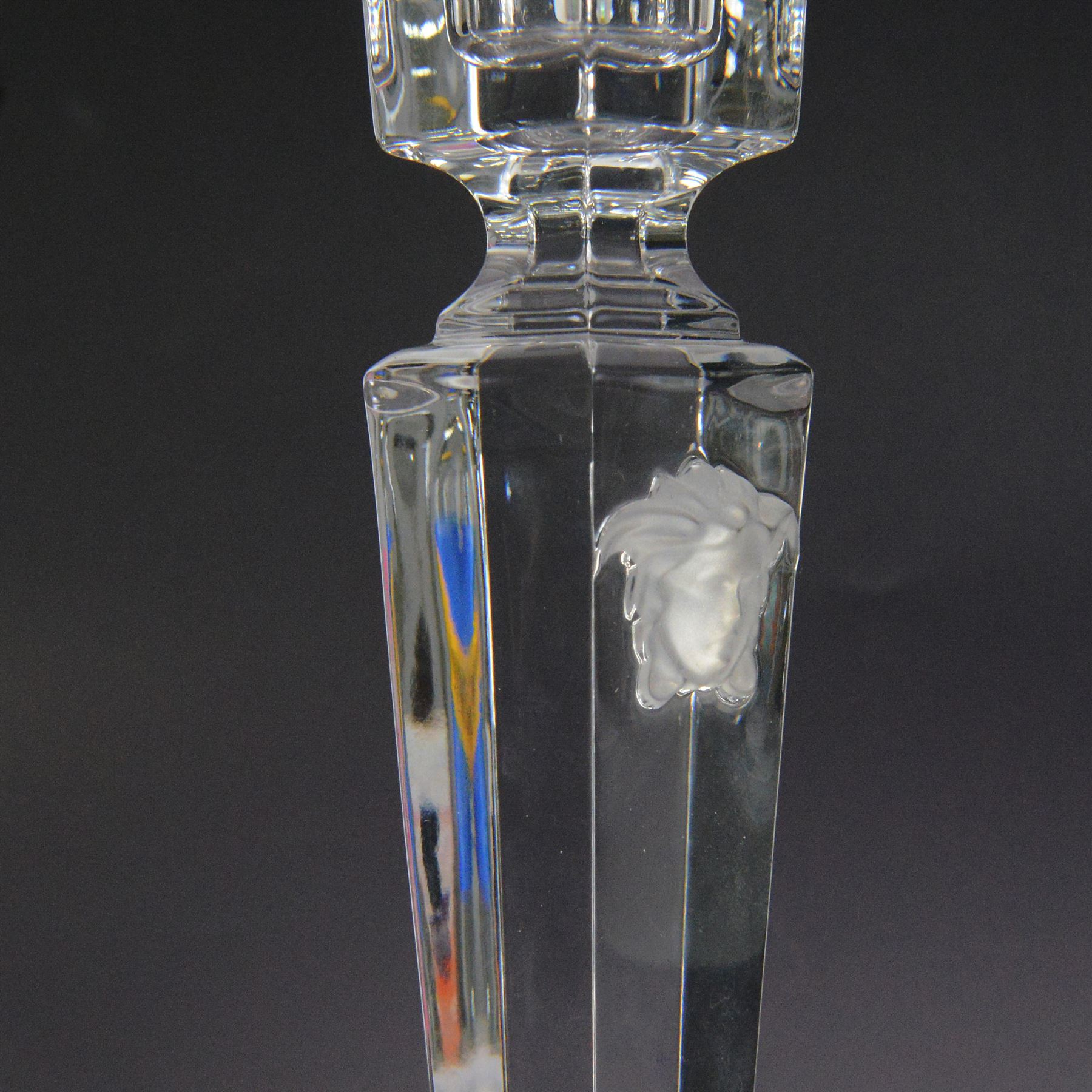 Rosenthal Versace pair of glass candlesticks, of square form, with candles and in original box, H25cm