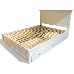 Downton 5' Kingsize contemporary white painted double bed frame, with tongue and groove style panelled headboard and footboard, slatted base and fitted with two underbed drawers with brushed steel cup handles