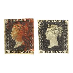 Two Queen Victoria penny black stamps, one with red and one with black MX cancel