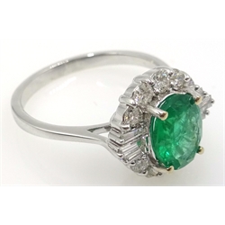  18ct white gold emerald and diamond cluster ring, stamped 750, emerald approx 1.2 carat, diamonds approx 0.5 carat    