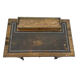 Late Victorian walnut writing table, rectangular leather-inset top surmounted by a brass gallery, fitted with a single frieze drawer, raised on turned tapering supports with lower undertier and ceramic castors