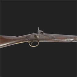 19th century muzzle loading British Naval percussion musket, the 39inch barrel with ramrod beneath, lock marked 1858, stock stamped with brass butt plate, overall L140cm  