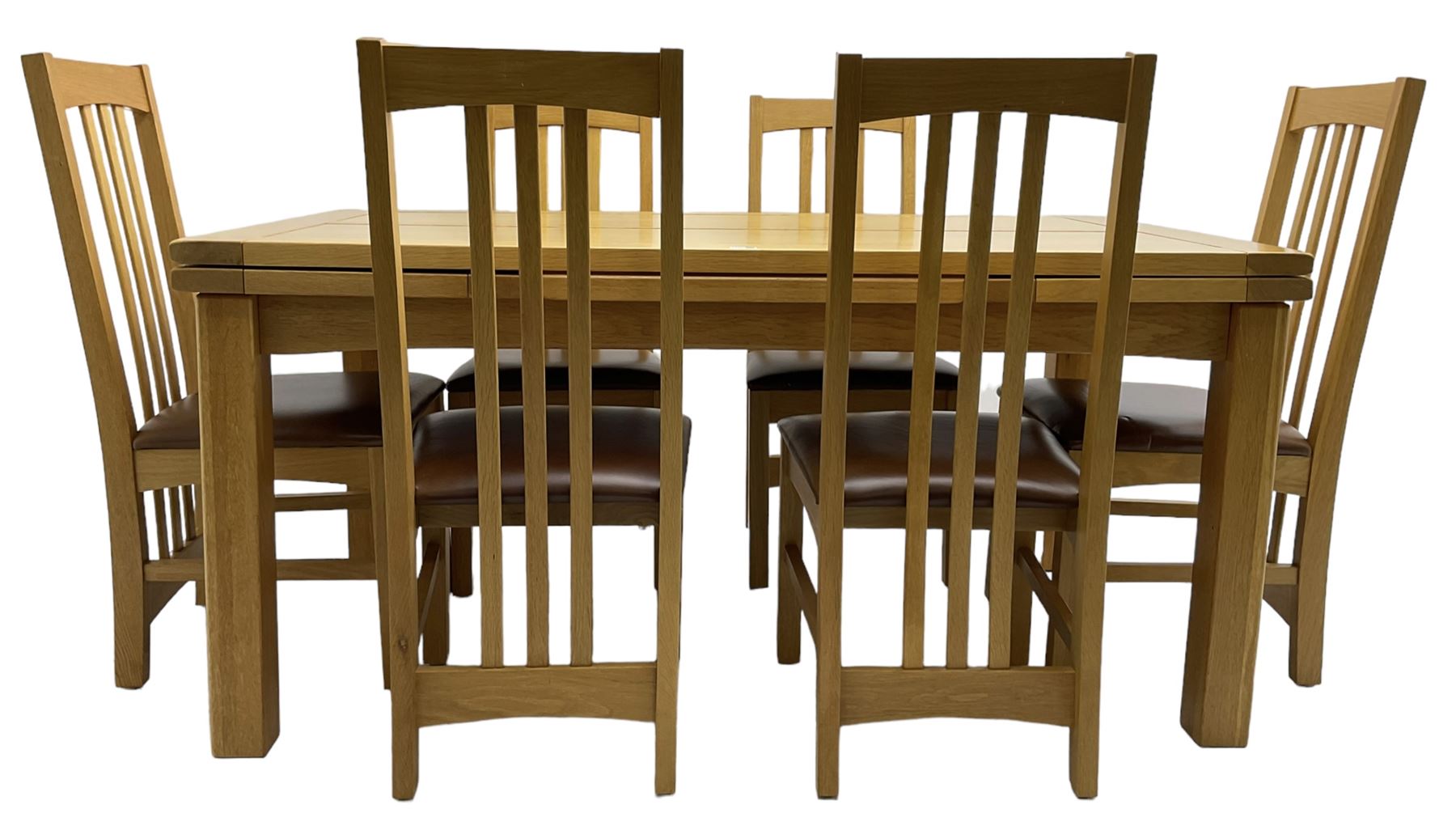 Multi-York - light oak dining table, rectangular draw leaf extending top, on square supports; together with a set of six chairs high back dining chairs with brown leather upholstered seats 