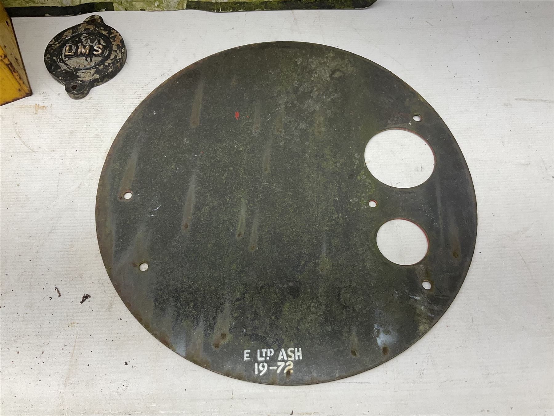 Victorian cast iron railway wagon plate, 'To Carry 10 Tons 4012, Registered by LNER-D 1898', together with a similar mid 20th century example, a smaller cast iron LMS wagon plate, Chalwyn signalling lamp, Give Way to Trains enamel sign and an enamel signal sign