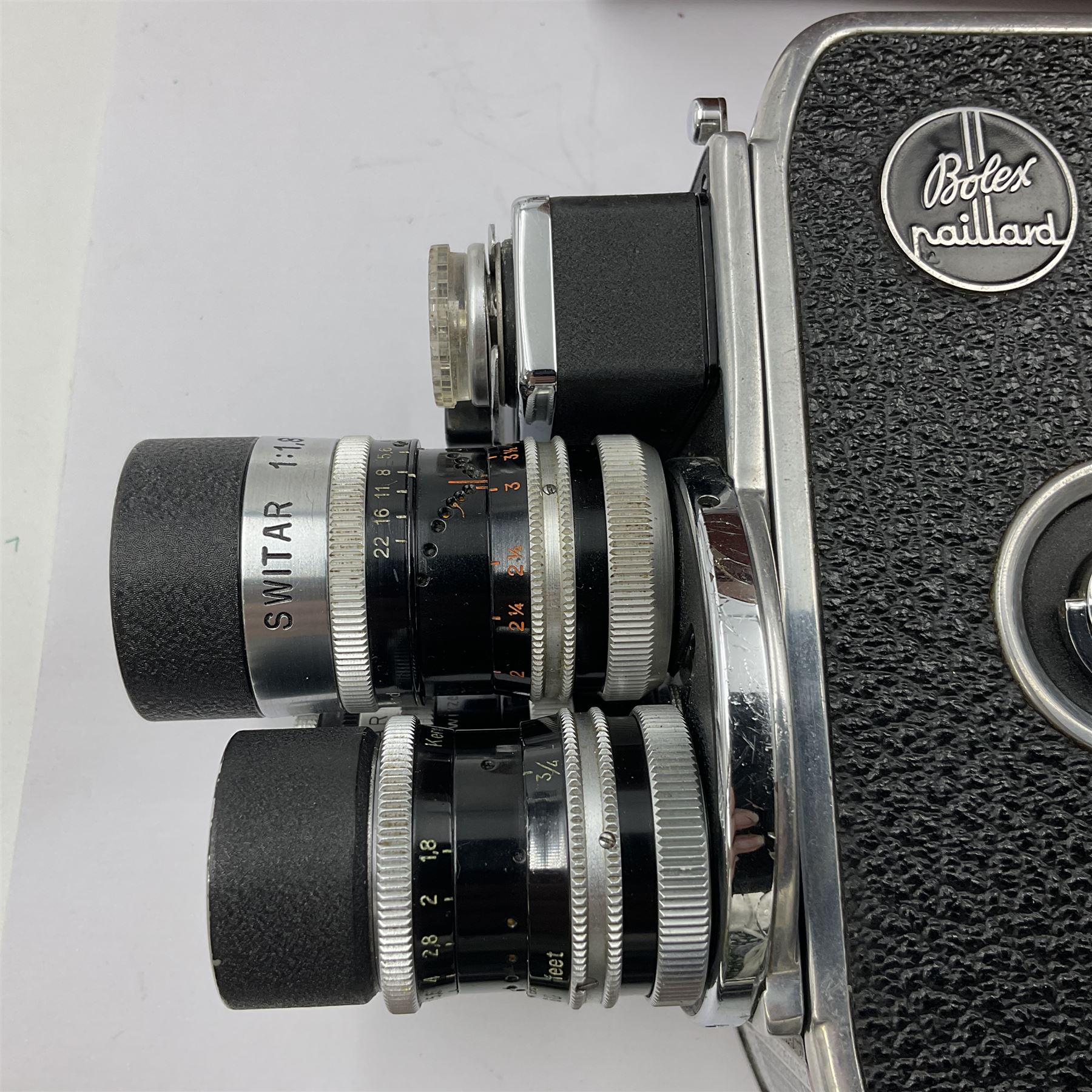 Paillard Bolex D8L STD 8mm cine camera body, serial no. 831223, with 'Paillard Switar 1:1.8 f=36mm AR' lens, serial no. 769123, Paillard Yvar 1:1.8 f=13mm AR' lens, serial no. 782154 and Paillard Pizard 1:1.9 f=5.5mm AR' lens, serial no. 717045, in leather carry case