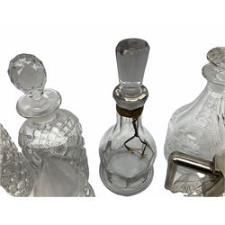 John Grinsell & Sons silver plated and glass claret jug, with maker's silver plate mark to underside of hinged cover, together with a selection of glass decanters, to include an early 19th century example with spire stopper. 