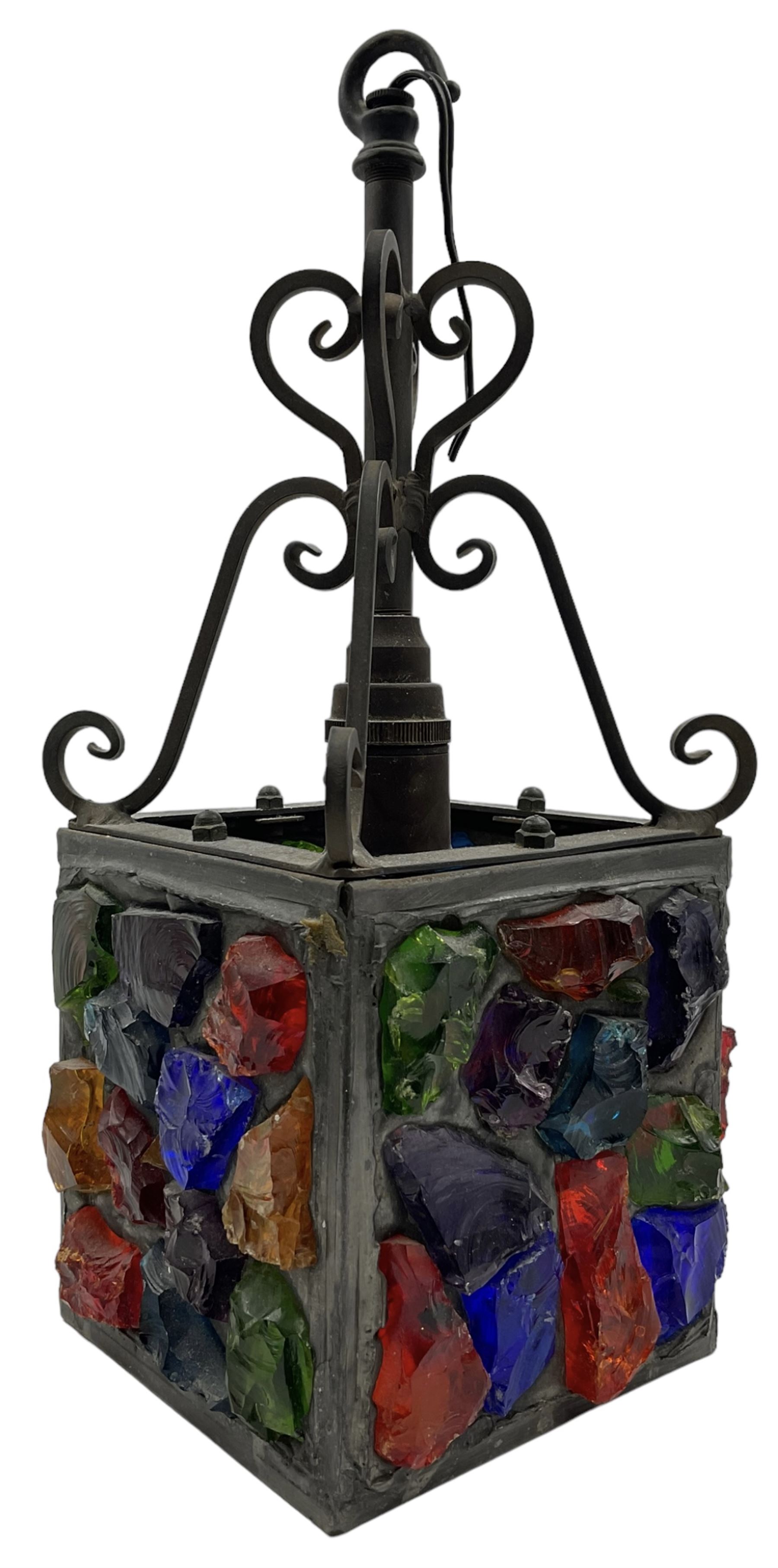 20th Century Peter Marsh Arts & Crafts wrought iron porch lantern, set with coloured panels, H36cm