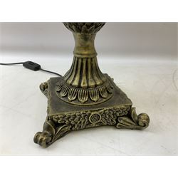 Pair bronzed amphora lamps with pineapple decoration, scroll handles and foliate base with scrolled feet together with pair peach ground shades and raised floral pattern H76cm (2)