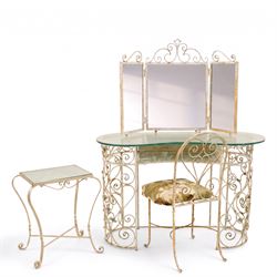 Unusual mid-20th century white painted wrought iron kidney shaped dressing table, shaped m...