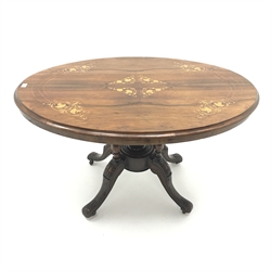 Victorian inlaid oval walnut loo table, five turned columns on four carved scrolling feet, W119cm, H70cm, D85cm