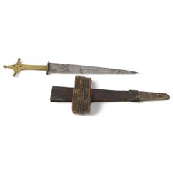 African Sudanese side-arm dagger with brass handle with cross detail, in leather scabbard, together with a collection of swords 