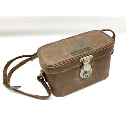 Black finished monocular microscope by Prior London No. 17372,  with pitchfork base and rack and pinion focusing, in original fitted wooden case with additional lenses, H32cm, together with Watts dumpy level, no. 116249, in a leather case