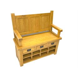 Solid oak Monks bench with drawers and open storage