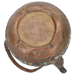 Champleve enamel teapot, with pierced finial, green enamel interior and woven handle, H10cm