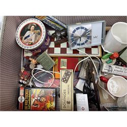 Ukelele, Westclox electric alarm  clock, vintage tins, National Rail hat, ceramics, boxed games, carved wood figures etc all housed in a suitcase