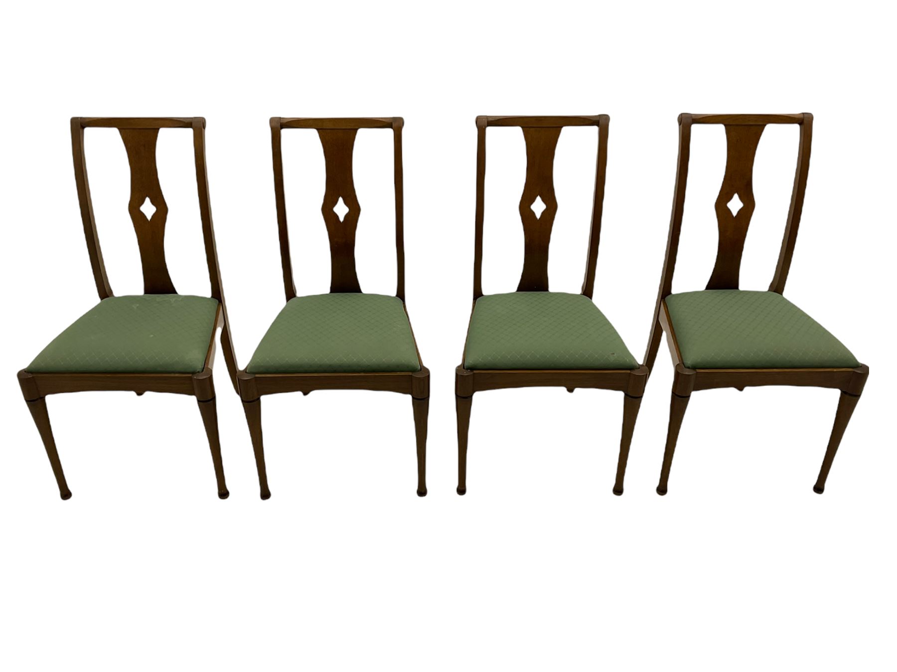 Set of eight contemporary walnut dining chairs, curved backs set with shaped splats with pierced detail, drop in upholstered seat cushions, on turned supports 