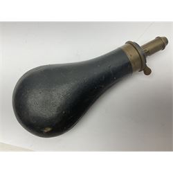19th century James Dixon & Sons leather covered powder flask with patent action adjustable shot measure to dispense 2 1/4 - 3 drams; marked Parker Hale Ltd. Birmingham England L20cm