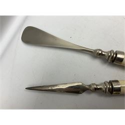 Magnifying glass, letter opener and shoe horn set, with bone handles and silver plated finials 