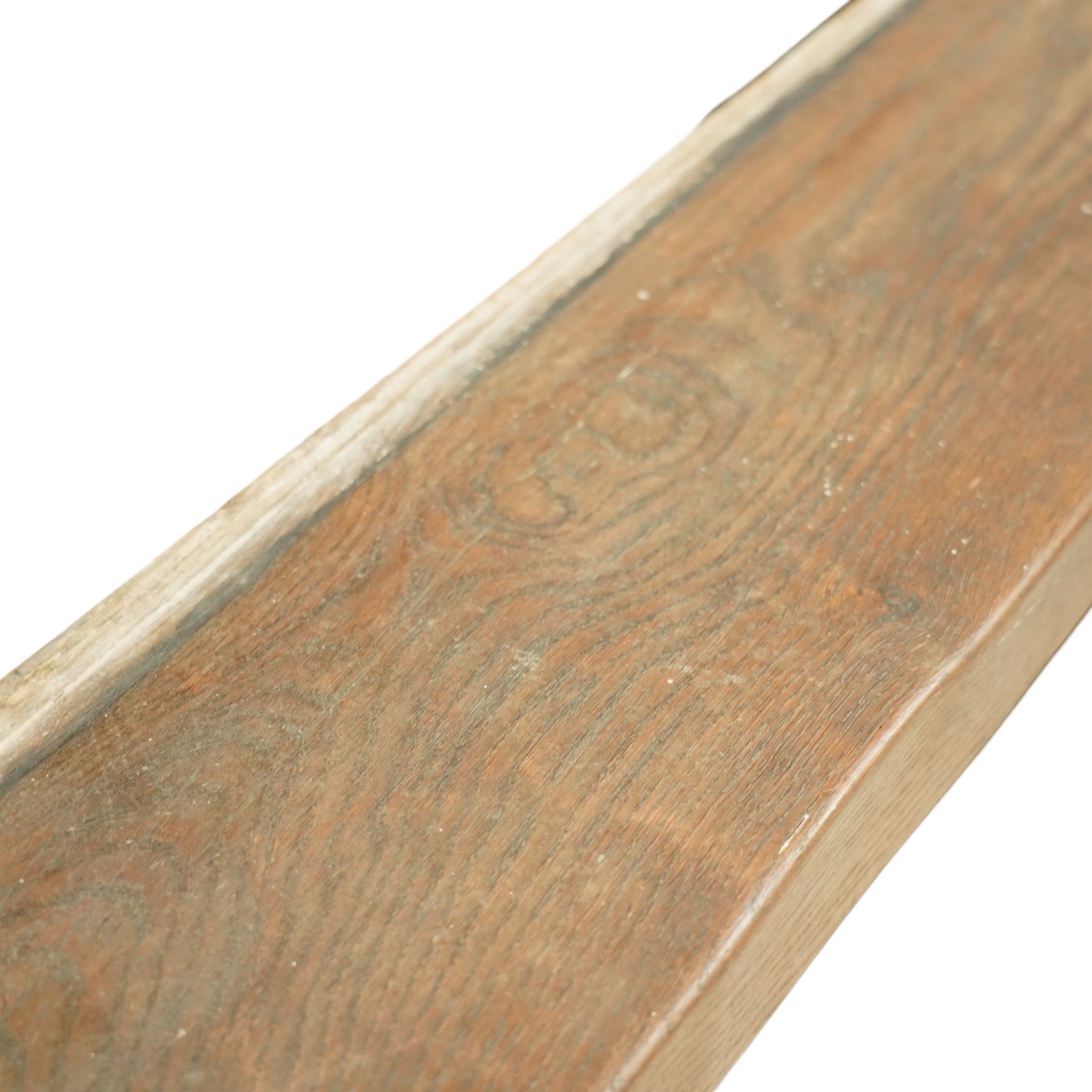 Mouseman - oak mantle or shelf, solid single plank with lightly adzed top with head and tail signature, by the workshop of Robert Thompson, Kilburn
