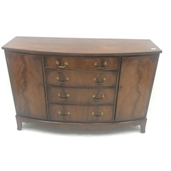 20th century mahogany bow front cross banded sideboard, four graduating drawers flanking two cupboards, shaped plinth base, W131cm, H87cm, D46cm