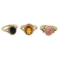  Three 9ct gold stone set rings including citrine and jet, all hallmarked