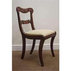  Set 6 (4+2) 19th century carved mahogany dining chairs, shaped cresting rail, upholstered seat, sabre supports, W45cm   
