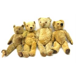 Four English teddy bears 1930s-50s, all well loved for restoration or spares/repair (4)