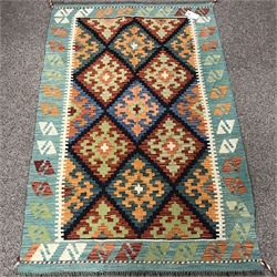  Choli Kilim cyan ground rug, geometric patterned field, 130cm x 86cm  