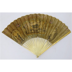  'The Celebrated Marlborough Song' late 18th century paper fan with plain ivory sticks published by Robert Clarke & Co. No. 26 near Charing Cross, Strand, Fan-Makers to Her Royal Highness The Duchess of Gloucester, the obverse leaf engraved with three spangle embellished vignettes, depicting The Death of Malbrouk on floral painted ground, reverse printed with six verses of the song, L47cm   