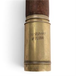 Early 20th century leather-bound three drawer brass telescope, inscribed 'Presented to The United States Government by Weedon Dawes Williams 24 State Street New York January 30 1918 US Navy no.20781', full length L75cm