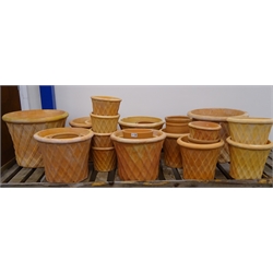  Twenty nine terracotta plant pots and platers, mostly lattice moulded design (29)  