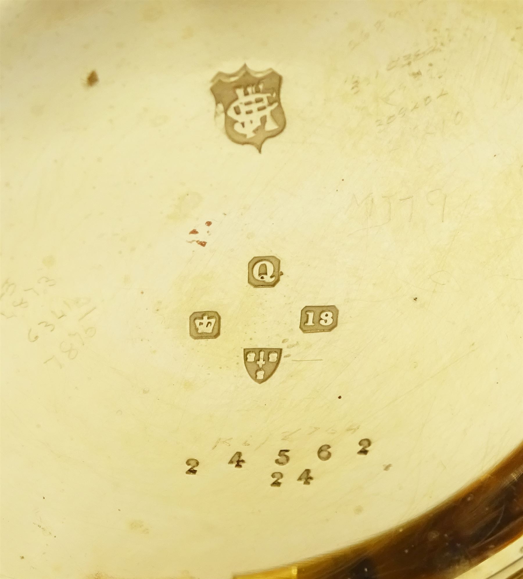 Victorian 18ct gold open face keyless lever pocket watch, No. 24562,  white enamel dial with Roman numeral hour markers and subsidiary seconds dial, case hallmarked Chester 1899