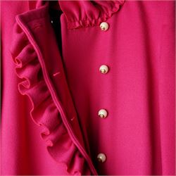 Gucci - wool ruffle-front single-breasted coat in bright fuchsia pink, with high ruffled collar, cascading ruffle trim to the front, collar and cuffs, faux pearl and gilt GG monogram logo button fastening, size 44, unused with the original garment bag and hanger