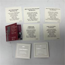 Thirteen silver coins, including Queen Elizabeth II Solomon Islands 2002 sterling silver five dollars, Alderney 2002 sterling silver five pounds, Fiji 2002 sterling silver ten dollars, United Kingdom 2003 one ounce fine silver Britannia, 2003 'Give Women The Vote' fifty pence etc, all with some form of certificate