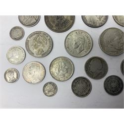 World coins, mostly in silver, including South Africa 1893 two and a half shillings, King Edward VII Australia 1910 one florin two shillings, Ireland 1928 florin, France 1933 ten francs, King George VI New Zealand 1949 crown etc, total weight approximately 230 grams
