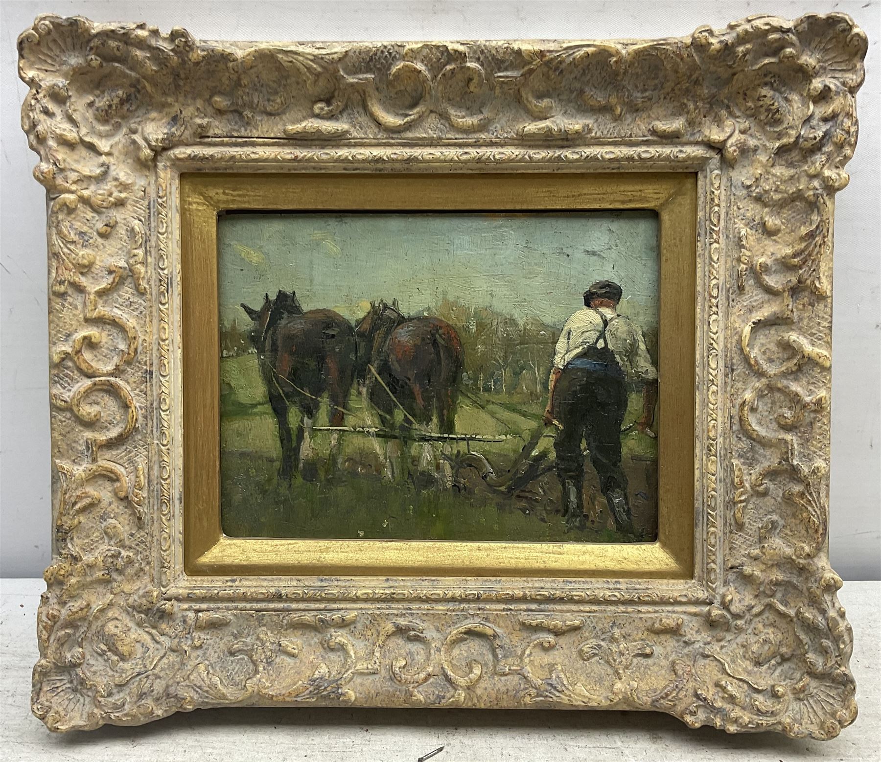 David Russell Anderson RSW (Scottish 1884-1976): 'The Ploughman', oil on panel unsigned, titled and attributed on gallery label verso 15cm x 20cm 
Provenance: with the Goosewell Gallery, Menston-in-Wharfedale, label verso 