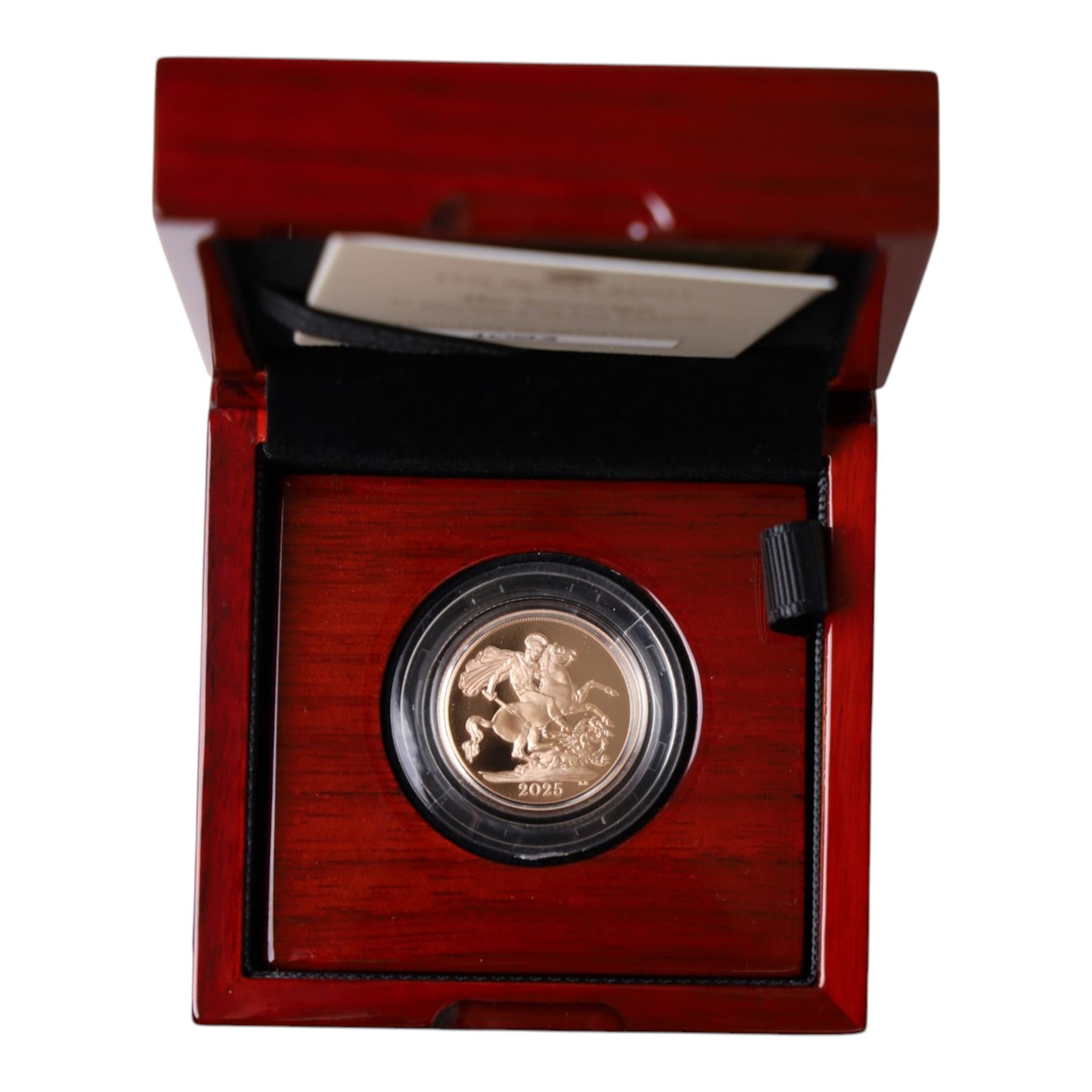 King Charles III 2025 'St George and The Dragon' rose gold proof full sovereign coin, from an edition of 2025, cased and boxed with certificate