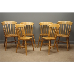  Royal Oak Furniture 'Yorkshire Rose' set six (4+2) beech farmhouse style dining chairs, carved rose on cresting rail, turned legs and stretchers.  