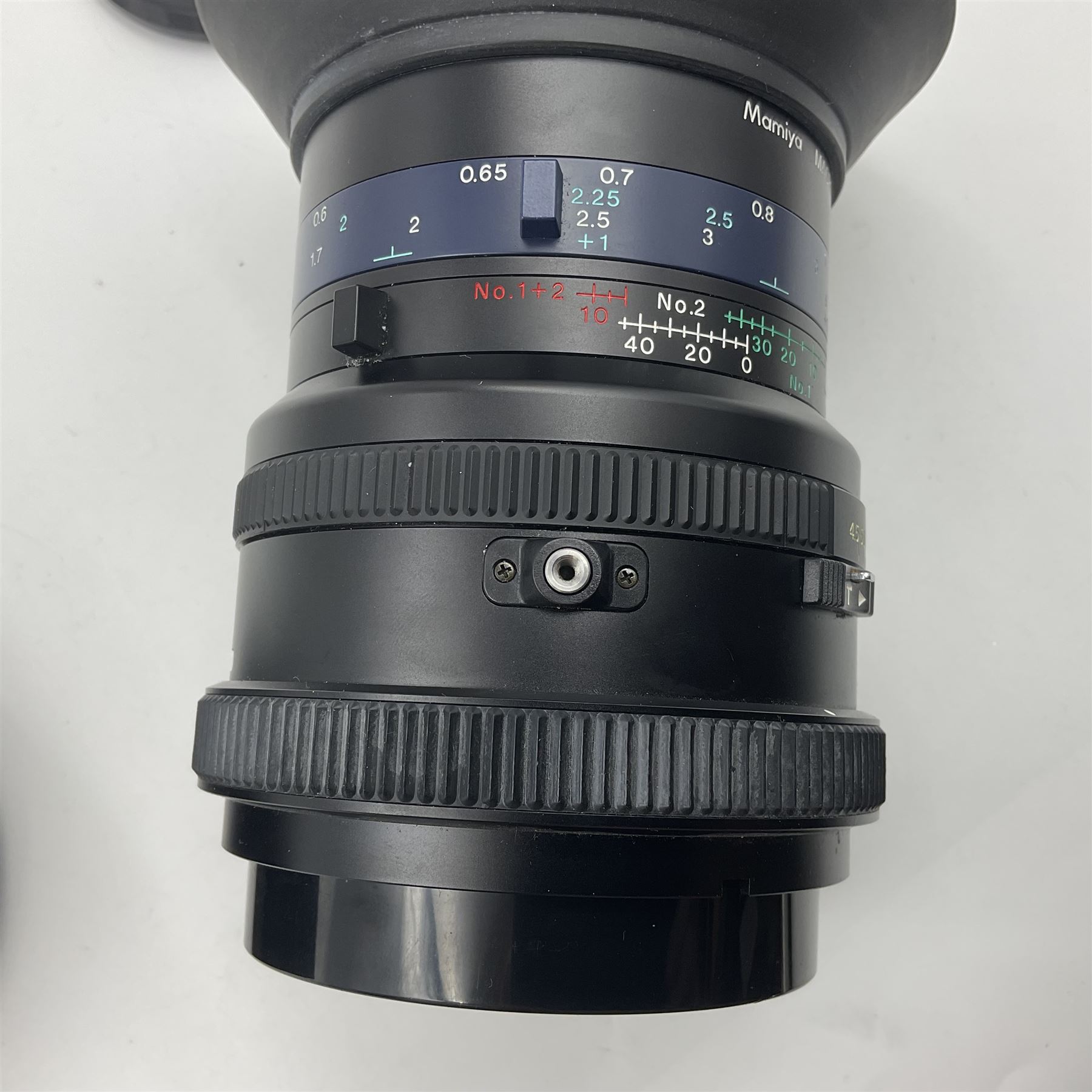 Seiko 'Mamiya Macro M 1:4.5 f=140mm M/L-A' lens serial no 003593 and Seiko 'Mamiya-Sekor Z f=110mm 1:2.8W' lens, serial no 56560