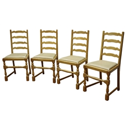  'Squirrelman' set four oak ladder back dining chairs, turned supports, upholstered drop in seats, by Wilf Hutchinson of Husthwaite   