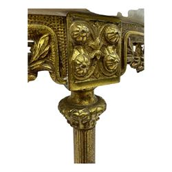 Late 20th century cast gilt metal and marble two-tier stand, pink and grey marble top and undertier, the base decorated with floral garlands, on reed moulded supports with splayed terminals 