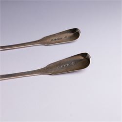 Pair of George III silver Fiddle pattern table spoons, each with bright cut floral and foliate decoration, hallmarked Sarah & John William Blake, London 1815