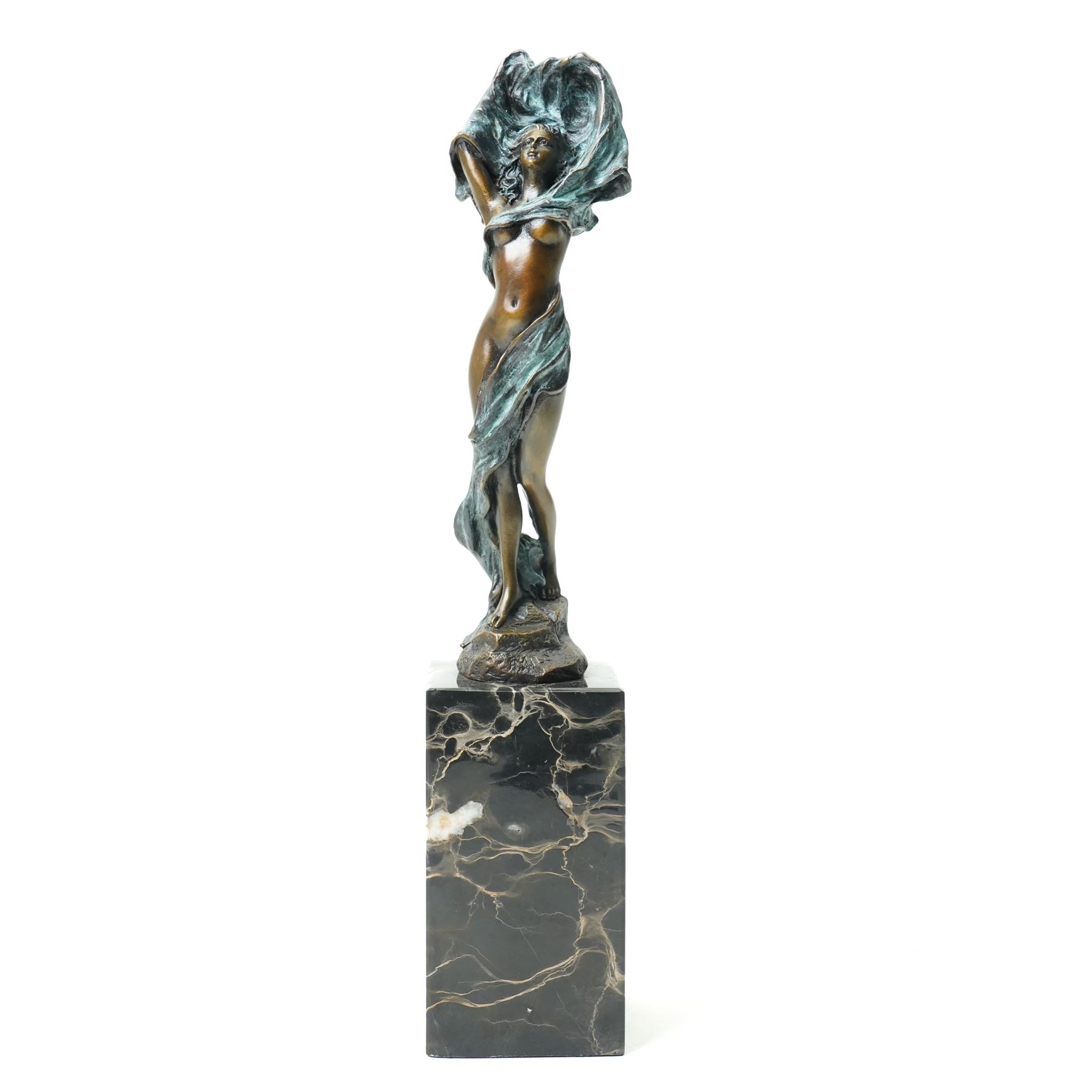 Art Nouveau style bronze figure of a dancing lady, signed Milo, on black marble base, H35cm